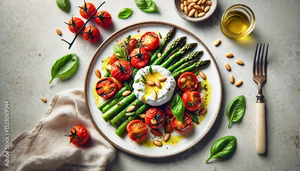 Fototapeta Grilled asparagus and roasted cherry tomatoes served with burrata, pine nuts, basil, and olive oil.