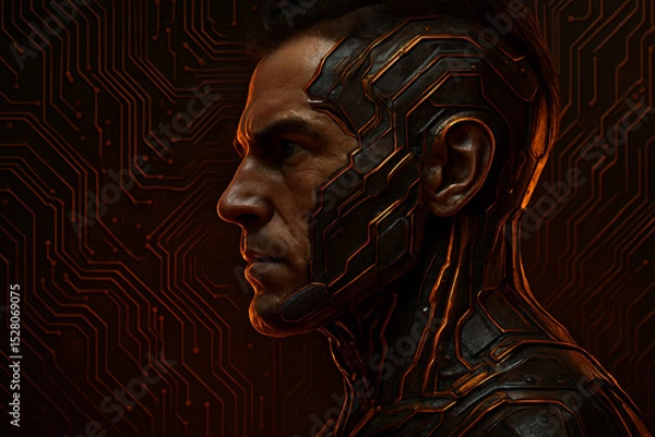 Obraz Cybernetic man with dark metallic aesthetics and glowing orange circuits on his face and neck stands against matching circuit board background