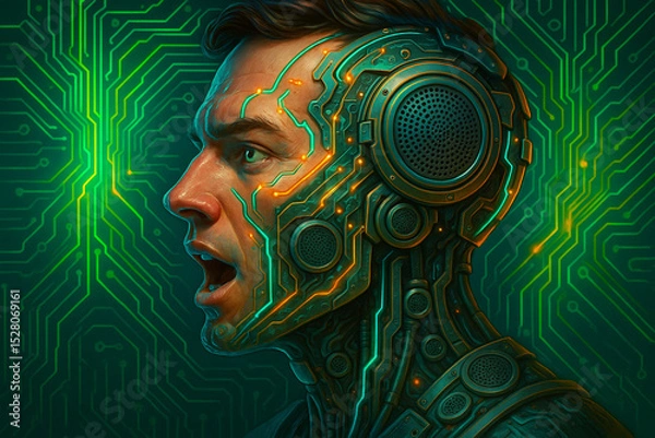 Obraz Cybernetic human face with glowing circuit aesthetics in futuristic design showing advanced technology and digital integration