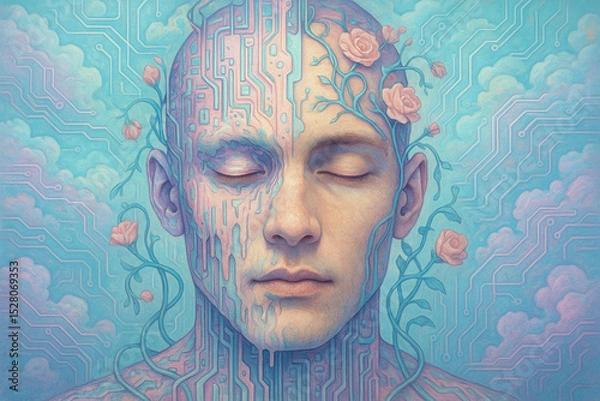 Obraz Serene cybernetic face blends with soft aesthetics of blooming roses and circuit patterns creating peaceful fusion of nature and technology