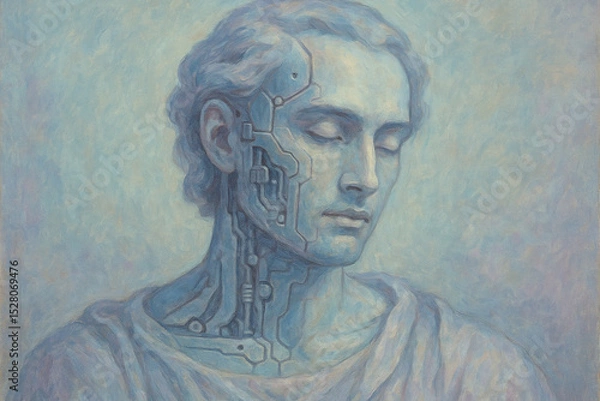 Fototapeta Serene portrait of cybernetic man with intricate circuit patterns on his face and neck blending classical aesthetics with futuristic design