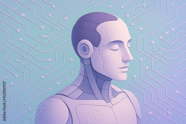 Obraz Cybernetic humanoid robot with smooth aesthetics and closed eyes stands against circuit board background in soft purple and blue tones