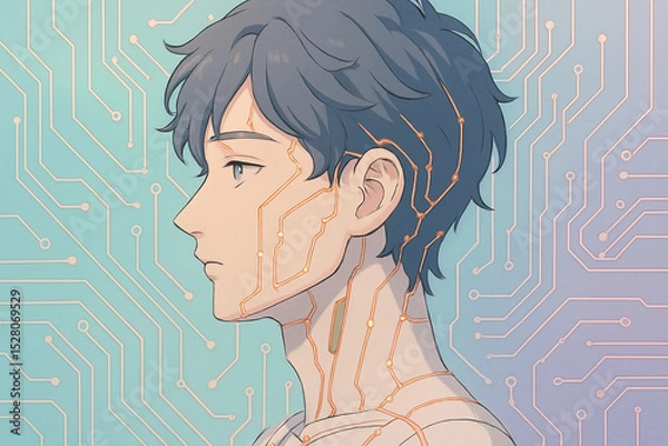 Obraz Cybernetic young man with blue hair and circuit aesthetics on his skin looks thoughtfully to side against pastel tech background