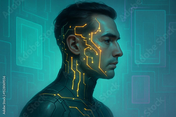 Obraz Cybernetic man with glowing circuit lines on face and neck in futuristic aesthetics style