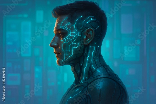 Obraz Cybernetic man with glowing blue circuit patterns on his face and neck showcases futuristic aesthetics in dimly lit high tech environment