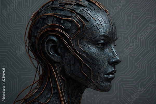 Obraz Cybernetic female head with intricate aesthetics and circuit like patterns creates futuristic and artistic representation of technology