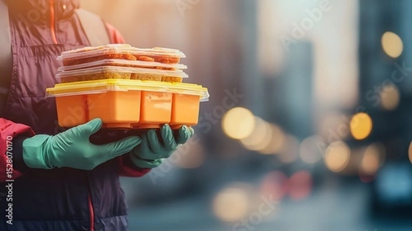 Fototapeta Delivery worker in uniform holding multiple food boxes while standing outside a residential building. Promotional content. The background space for text.