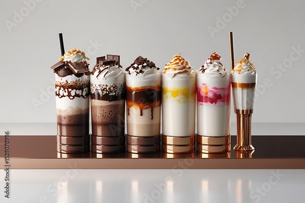 Obraz Assorted Colorful Milkshakes and Dessert Drinks in Glasses with Whipped Cream and Toppings Generative AI