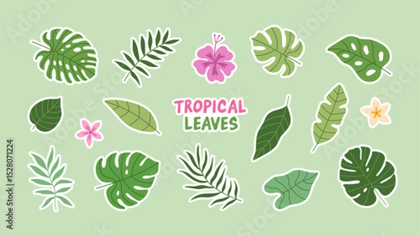 Obraz Set of stickers with tropical summer leaves and flowers.