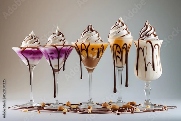 Obraz Assorted Gourmet Ice Cream Sundaes with Chocolate and Caramel Toppings Generative AI