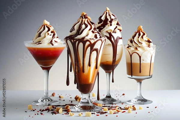 Obraz Assorted Gourmet Ice Cream Sundaes with Chocolate and Caramel Toppings Generative AI