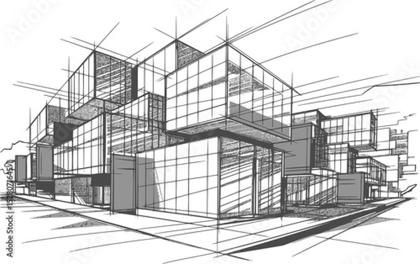 Obraz Modern Architectural hand-drawn draft Sketching Vector -  Building Complex with Geometric Lines - Urban Cityscape Drawing in Conceptual Style - Minimalist Office Tower Design - Transparent background.