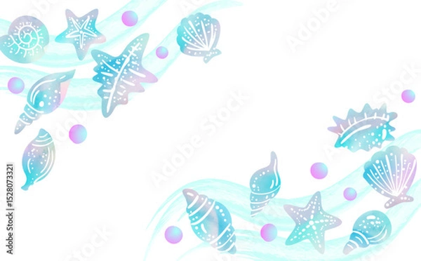 Obraz 水色のおしゃれな貝殻イラスト背景