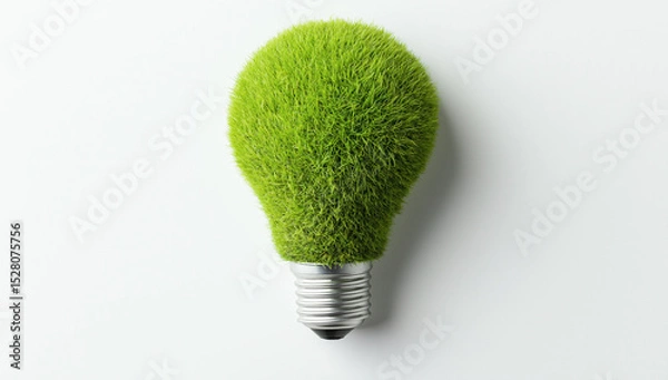 Obraz Light bulb covered in green grass texture symbolizes eco-friendly or sustainable energy on a white background
