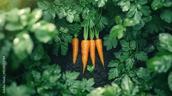 Fototapeta Freshly picked orange carrots with green leafy tops lying on the ground surrounded by lush green foliage with sunlight shining through the leaves from above.