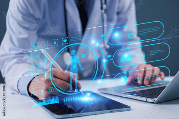 Fototapeta doctor using technology telemedicine healthcare on tablet analysis health data. digital innovative medical diagnostics technology and AI. smart hospital