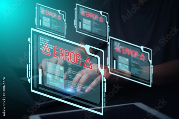 Fototapeta Concept of system error, cyber attack, or data breach digital technology. Cybersecurity issues, hacking, network problems with error messages and programming code. critical security vulnerability.