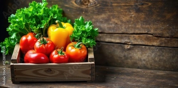 Fototapeta Full crate of diverse fresh vegetables; rustic wooden texture , spring, autumn
