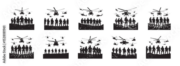 Fototapeta Silhouette imagery of soldiers and helicopters depicting military operations and aerial support
