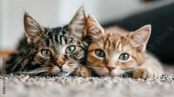 Fototapeta This charming image captures two playful kittens lying closely together on a soft carpet, showcasing their unique fur patterns and bright, curious eyes, enhancing their cuteness.