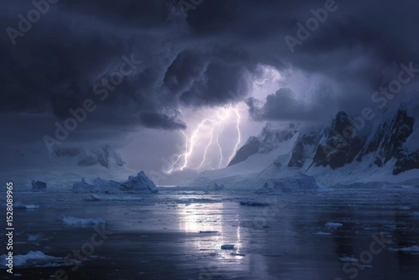 Fototapeta Lightning strikes over Paradise Bay in Antarctica during a severe storm with towering icebergs visible in the ocean water