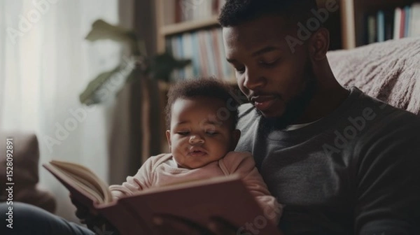 Fototapeta Man reading a bedtime story to a baby, in dim light, in a cozy interior, generative ai