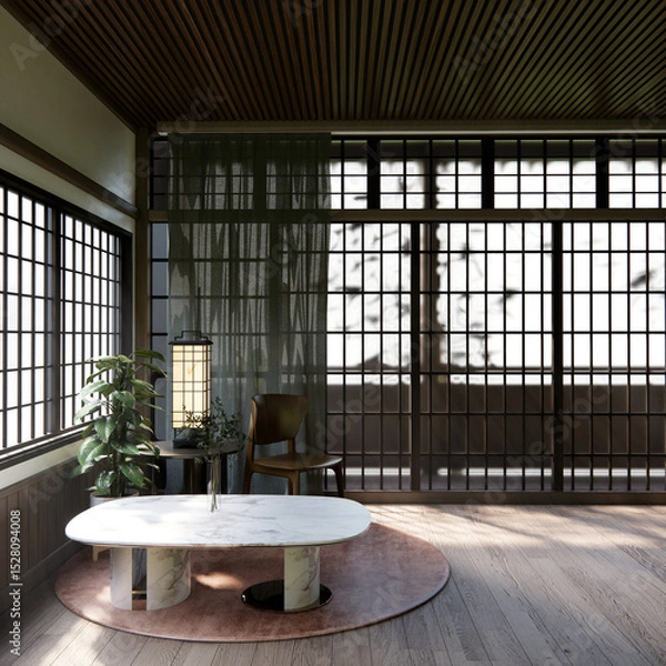 Obraz Japanese traditional low table and decoration on minimal muji room japan style.3D rendering