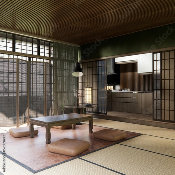 Obraz Japanese traditional low table and decoration on minimal muji room japan style.3D rendering