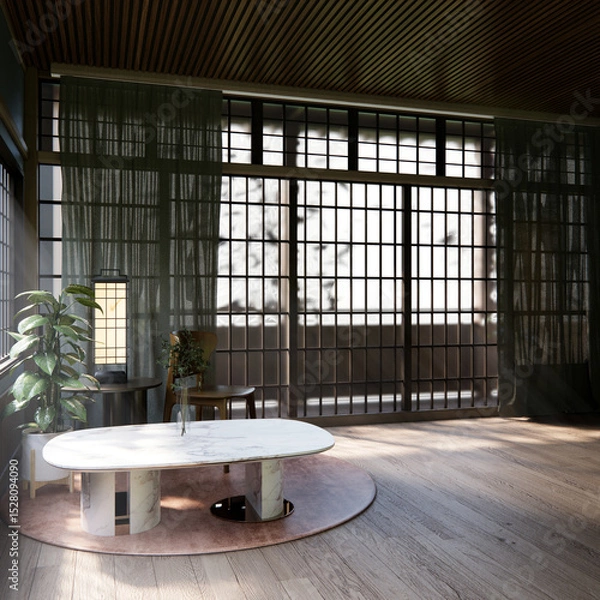 Obraz Japanese traditional low table and decoration on minimal muji room japan style.3D rendering