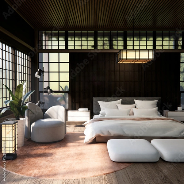 Obraz Bed room Japanese traditional and mattress bed modern and decoration to make the room look culture . 3D rendering