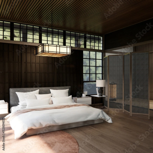 Obraz Bed room Japanese traditional and mattress bed modern and decoration to make the room look culture . 3D rendering