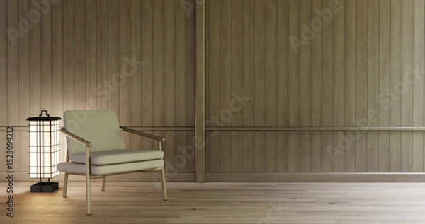Obraz arm chair and decoration japanese on Modern room interior wabisabi style.3D rendering
