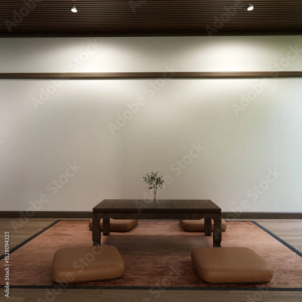 Obraz Japanese traditional low table and decoration on minimal muji room japan style.3D rendering