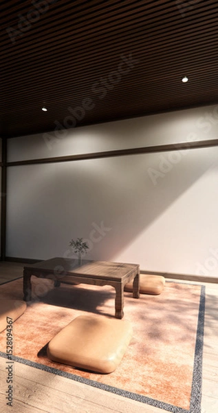 Obraz Japanese traditional low table and decoration on minimal muji room japan style.3D rendering