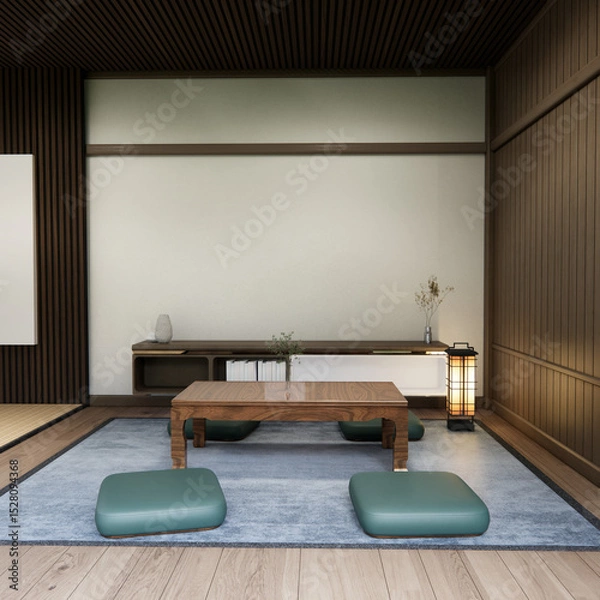 Obraz Japanese traditional low table and decoration on minimal muji room japan style.3D rendering