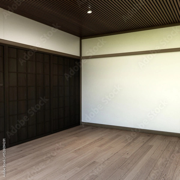 Obraz Muji style Empty room minimal with wood panels wall background 3D illustration rendering
