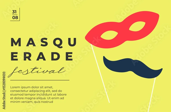 Fototapeta Festive masquerade carnival poster with ornate mask and vibrant parade theme. Minimal horizontal layout with bold text and decorative flair. Perfect for Mardi Gras or Purim party invites. Flat eps art