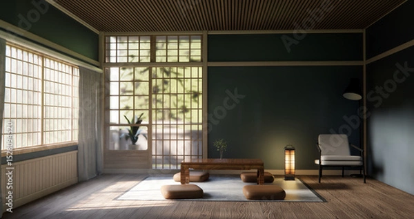 Obraz Japanese traditional low table and decoration on minimal muji room japan style.3D rendering