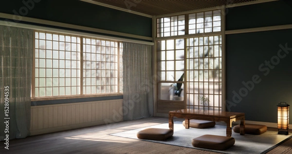 Obraz Japanese traditional low table and decoration on minimal muji room japan style.3D rendering