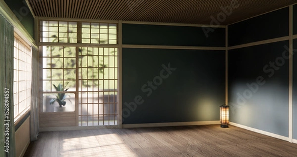 Obraz Cool colors give a feeling of coolness and calmness. Japanese traditional room, Mock up empty room and decoration room japan style.3D rendering