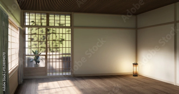 Obraz Muji style Empty room minimal with wood panels wall background 3D illustration rendering