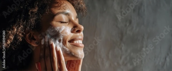 Fototapeta The woman enjoying her skincare routine with a joyful smile and cleansing bubbles.
