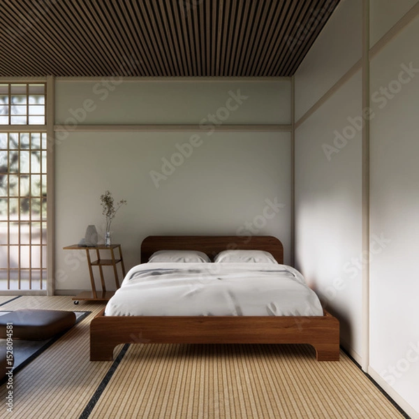 Obraz Bed room Japanese traditional and mattress bed modern and decoration to make the room look culture . 3D rendering