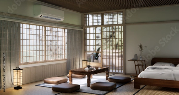 Obraz Japanese traditional low table and decoration on minimal muji room japan style.3D rendering