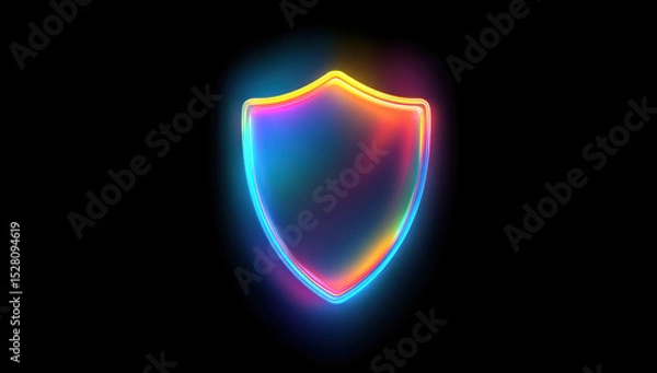 Obraz Glowing multicolored shield on black background symbolizes digital security and protection