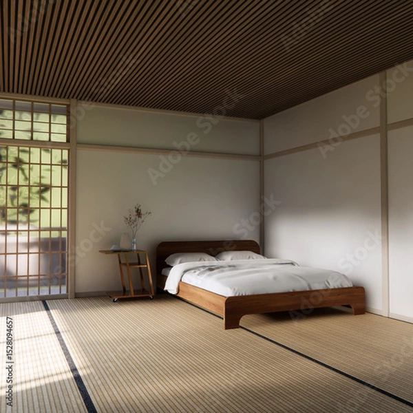 Obraz Bed room Japanese traditional and mattress bed modern and decoration to make the room look culture . 3D rendering