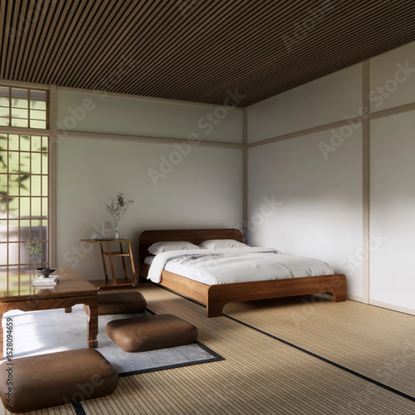 Obraz Bed room Japanese traditional and mattress bed modern and decoration to make the room look culture . 3D rendering
