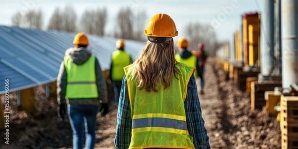 Fototapeta Team of renewable energy engineers walking towards solar panel array, worker with hard hat and safety vest inspecting photovoltaic cell system construction and installation