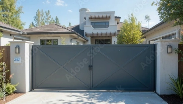Obraz For protection and style, a modern suburban home's entry has a classic gray sliding steel gate.
