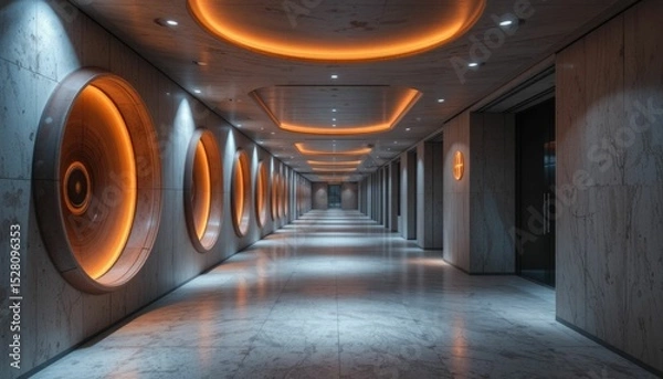 Obraz A contemporary concrete corridor with circular wall décor and recessed lighting is illuminated by glowing orange LED lights.